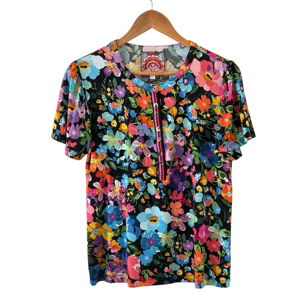 Johnny‎ Was The Janie Henley T Shirt Top Womens PS Wild Bloom Floral Boho Beach